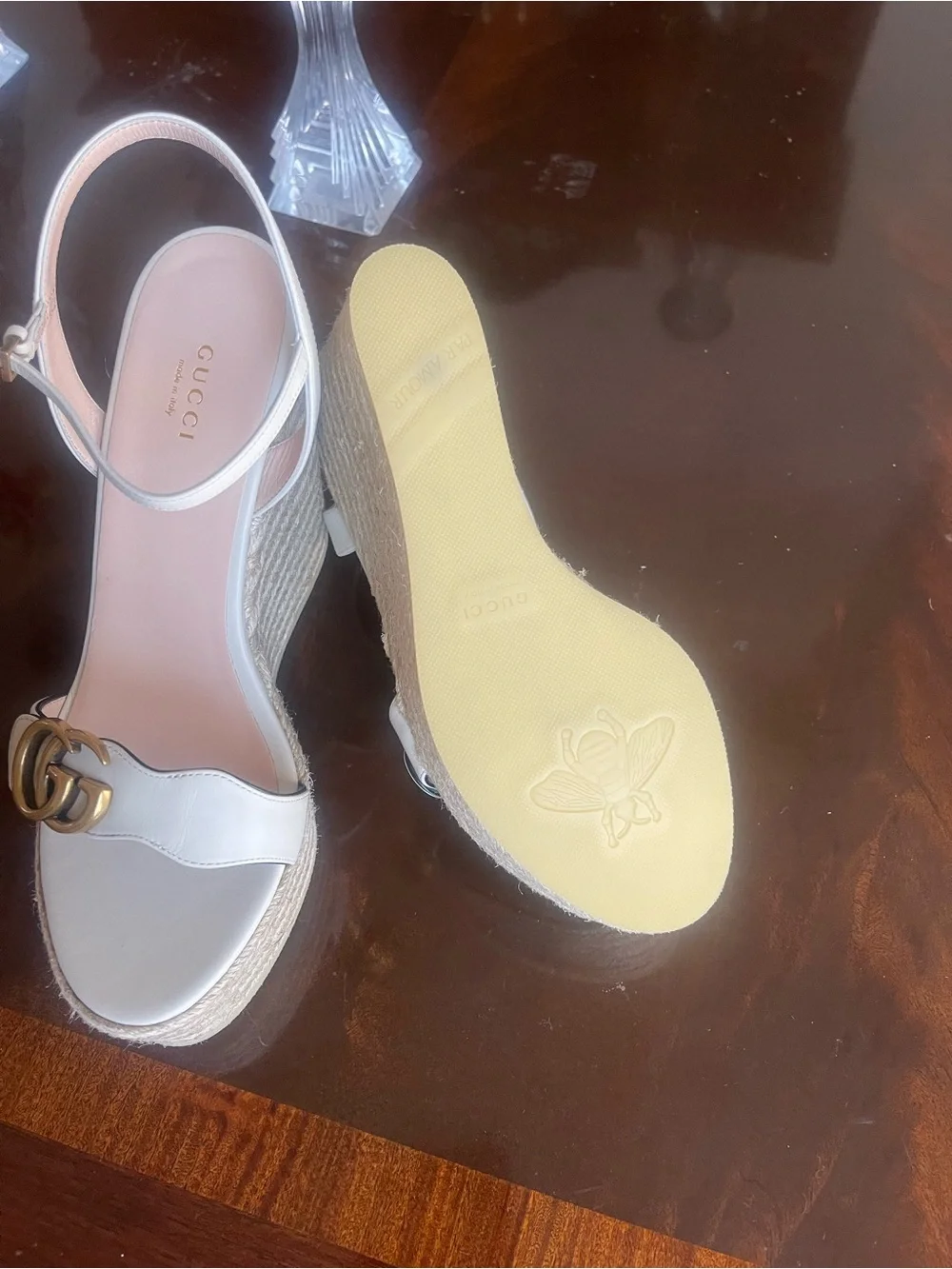 Gucci Cream Leather Espadrille Wedge Sandals with Gold Double G